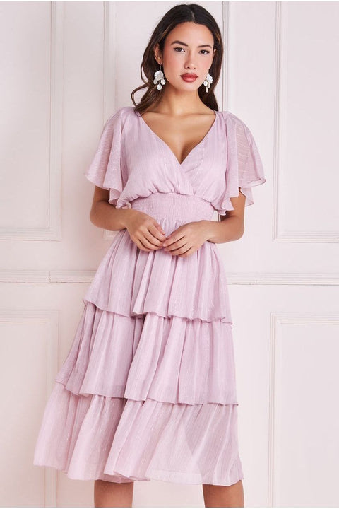 Plain Lurex Chiffon Tiered Dress - Pink by Goddiva