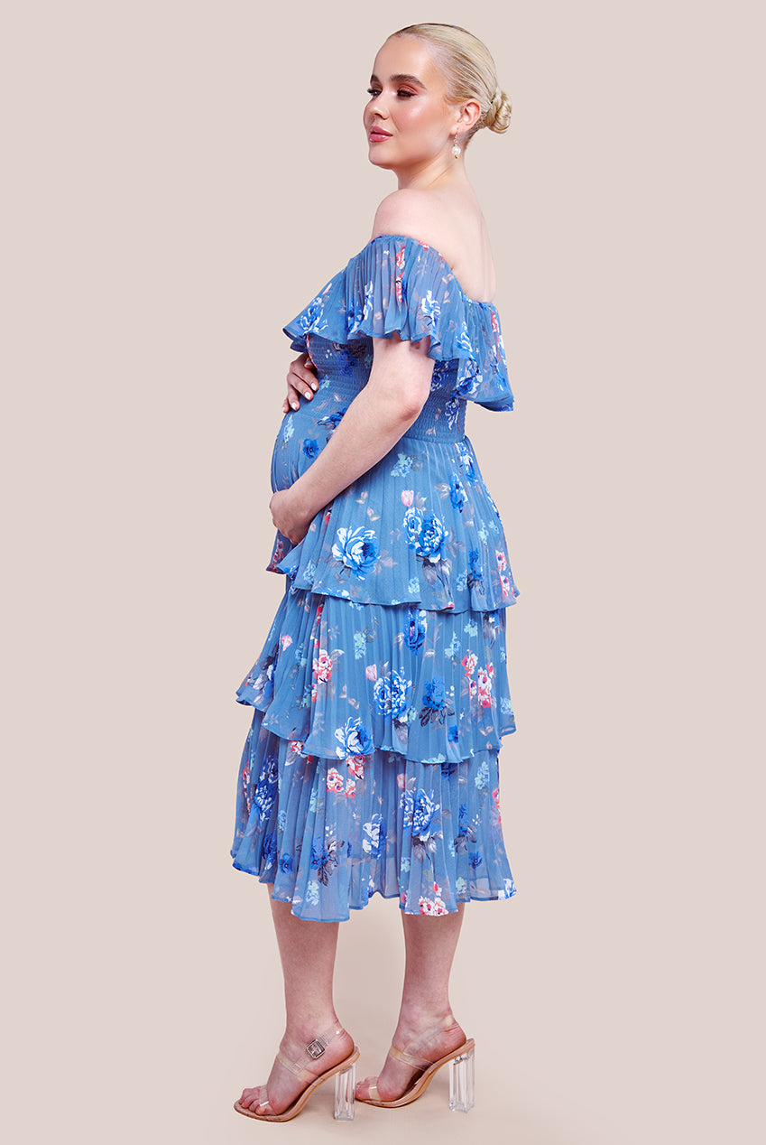 Maternity Pleated Bodice Chiffon Tiered Midi Dress - Blue DR3908MAT