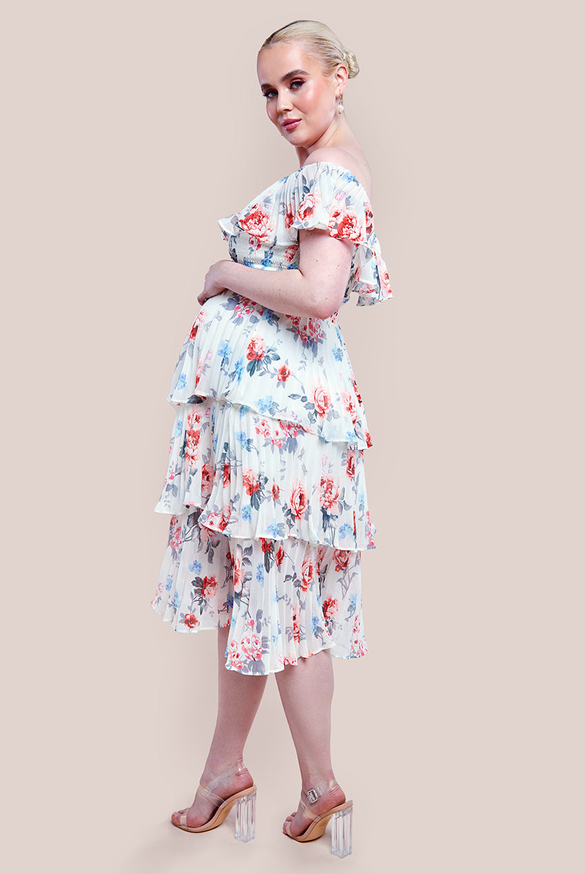 Maternity Pleated Bodice Chiffon Tiered Midi Dress - Cream DR3908MAT