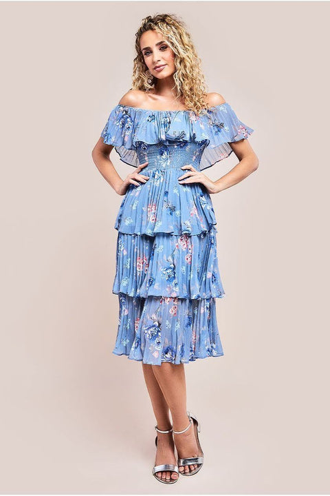 Pleated Bodice Chiffon Tiered Midi Dress - Blue by Goddiva