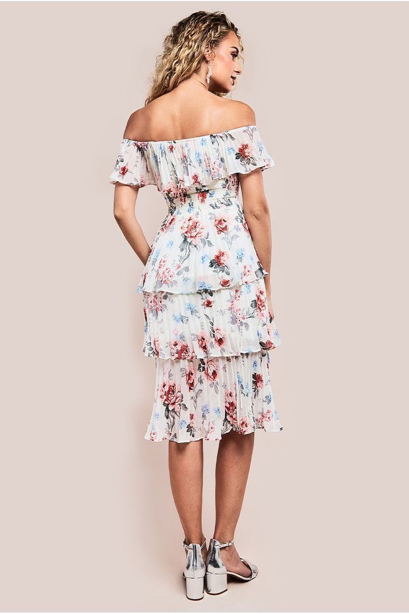 Pleated Bodice Chiffon Tiered Midi Dress - Cream DR3908