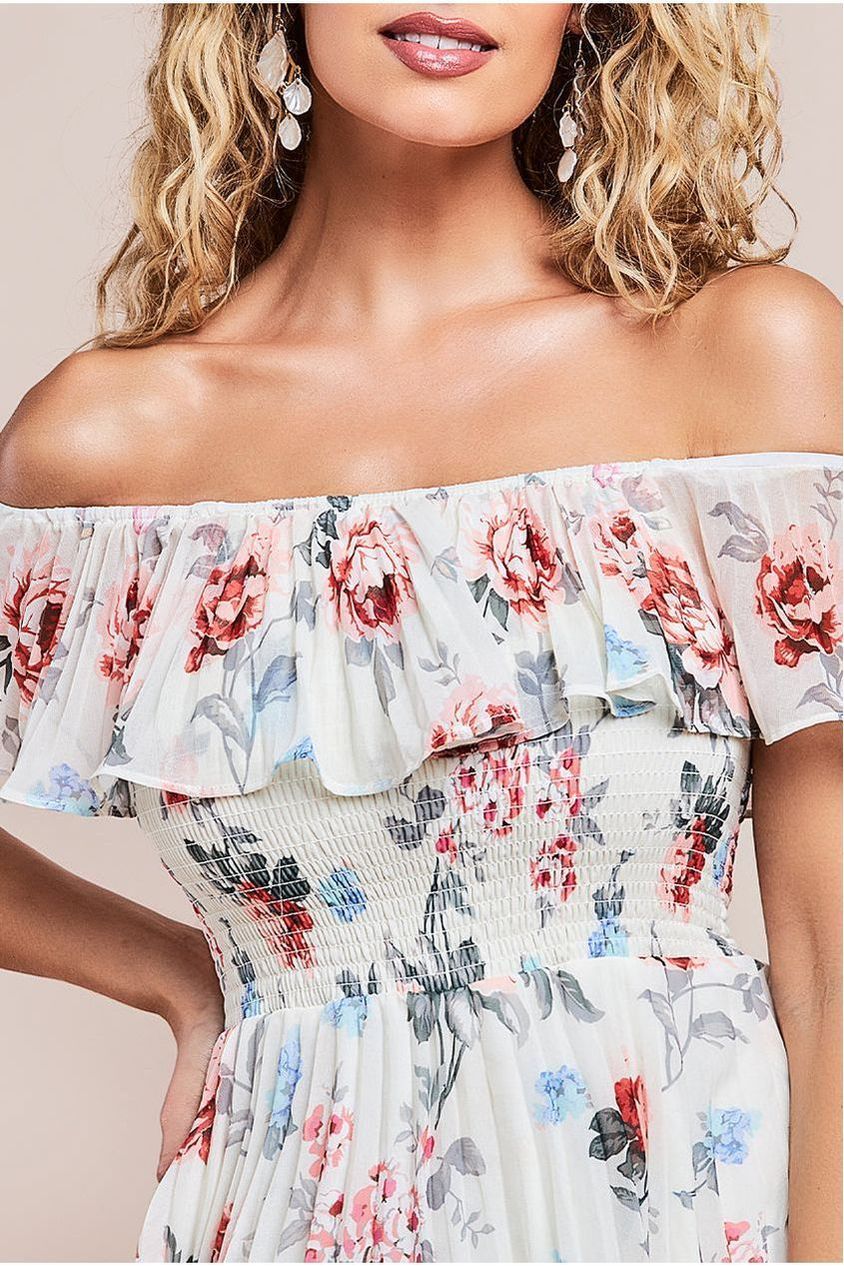 Pleated Bodice Chiffon Tiered Midi Dress - Cream DR3908