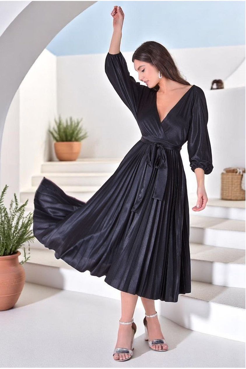 Satin Pleated Skirt Wrap Midi Dress - Black DR3921