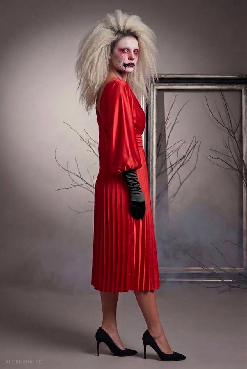Long Sleeve A-Line Midi Frankenstein's Bride-Inspired Halloween Costume - Red DR3921-HAL