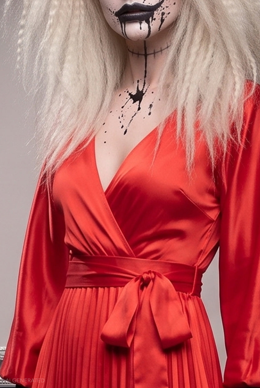 Long Sleeve A-Line Midi Frankenstein's Bride-Inspired Halloween Costume - Red DR3921-HAL