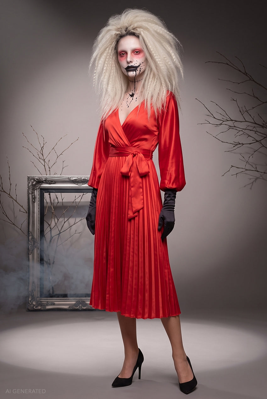 Long Sleeve A-Line Midi Frankenstein's Bride-Inspired Halloween Costume - Red DR3921-HAL