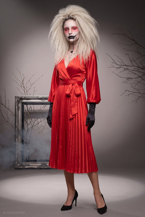 Long Sleeve A-Line Midi Frankenstein's Bride-Inspired Halloween Costume - Red by Goddiva