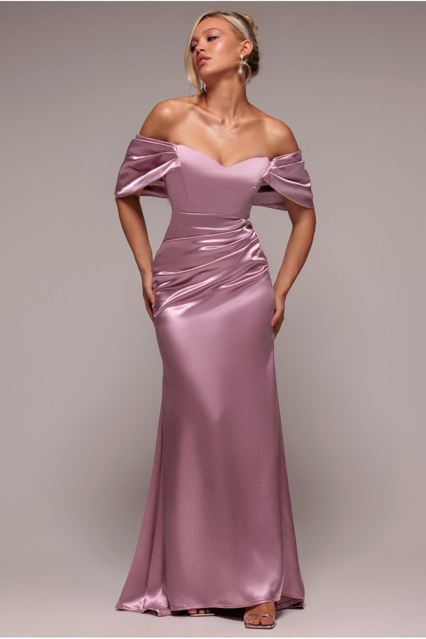 Off Shoulder Satin Maxi With V Neck - Rosepink DR3923