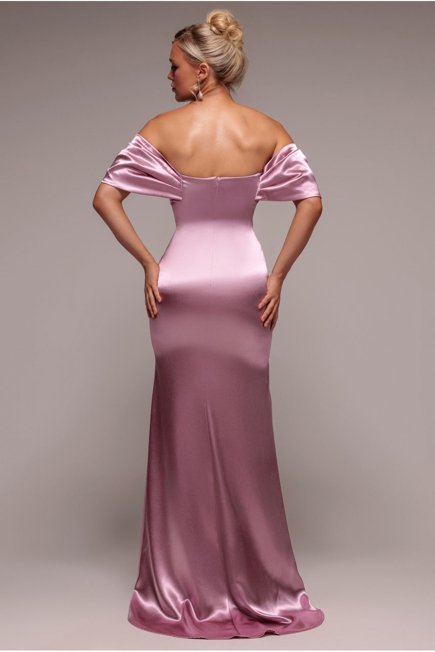 Off Shoulder Satin Maxi With V Neck - Rosepink DR3923