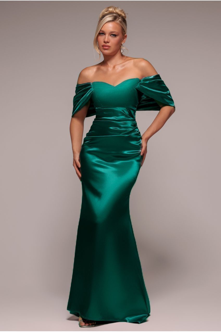 Off Shoulder Satin Maxi With V Neck - Emerald DR3923
