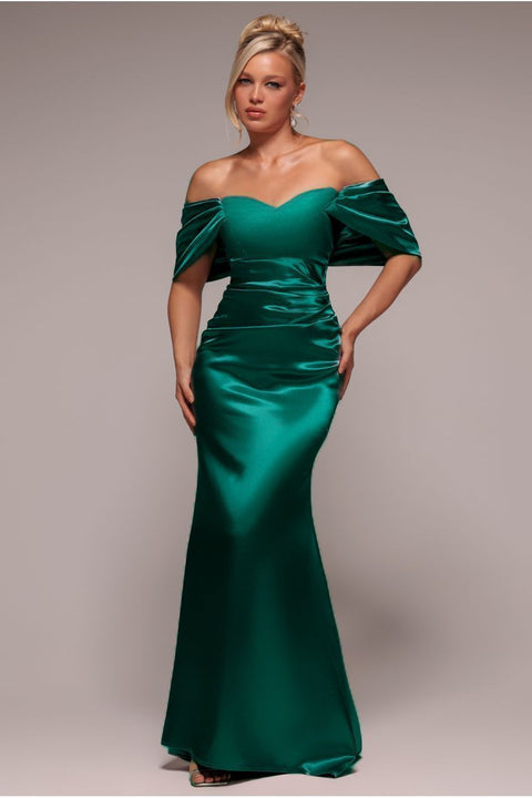 Off Shoulder Satin Maxi With V Neck - Emerald by Goddiva