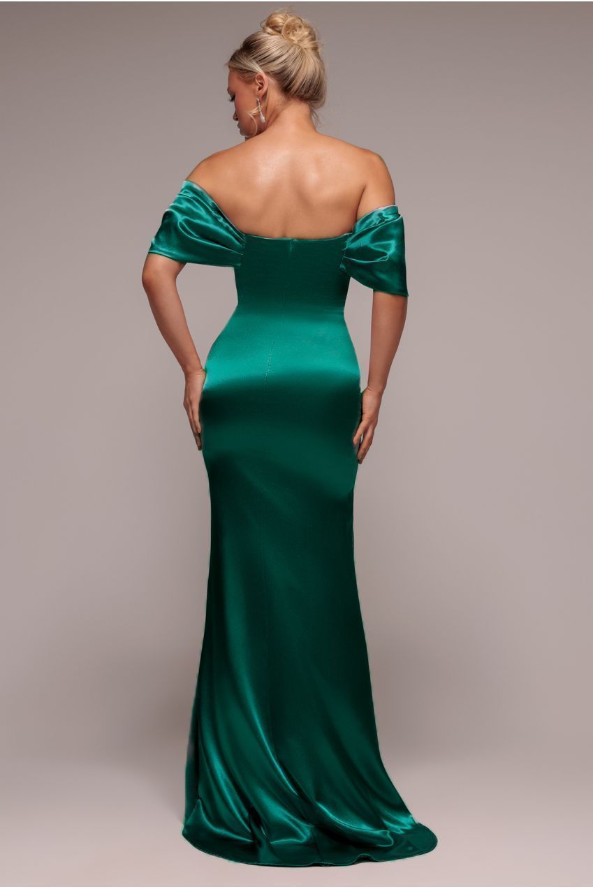 Off Shoulder Satin Maxi With V Neck - Emerald DR3923