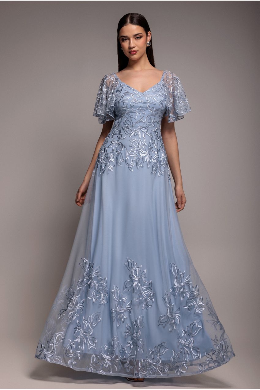 Lace Flutter Sleeve Embroidered Mesh A Line Maxi Dress - Blue | Goddiva Lace Flutter Sleeve Embroidered Mesh A Line Maxi Dress - Blue | Goddiva