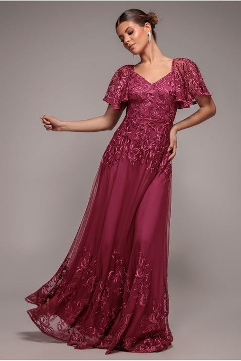 Lace Flutter Sleeve Embroidered Mesh A Line Maxi Dress - Burgundy by Goddiva