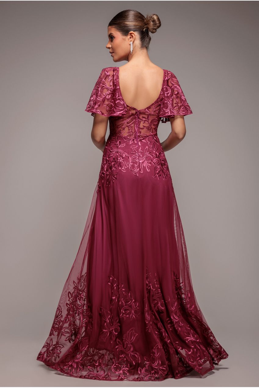 Lace Flutter Sleeve Embroidered Mesh A Line Maxi Dress - Burgundy DR3942