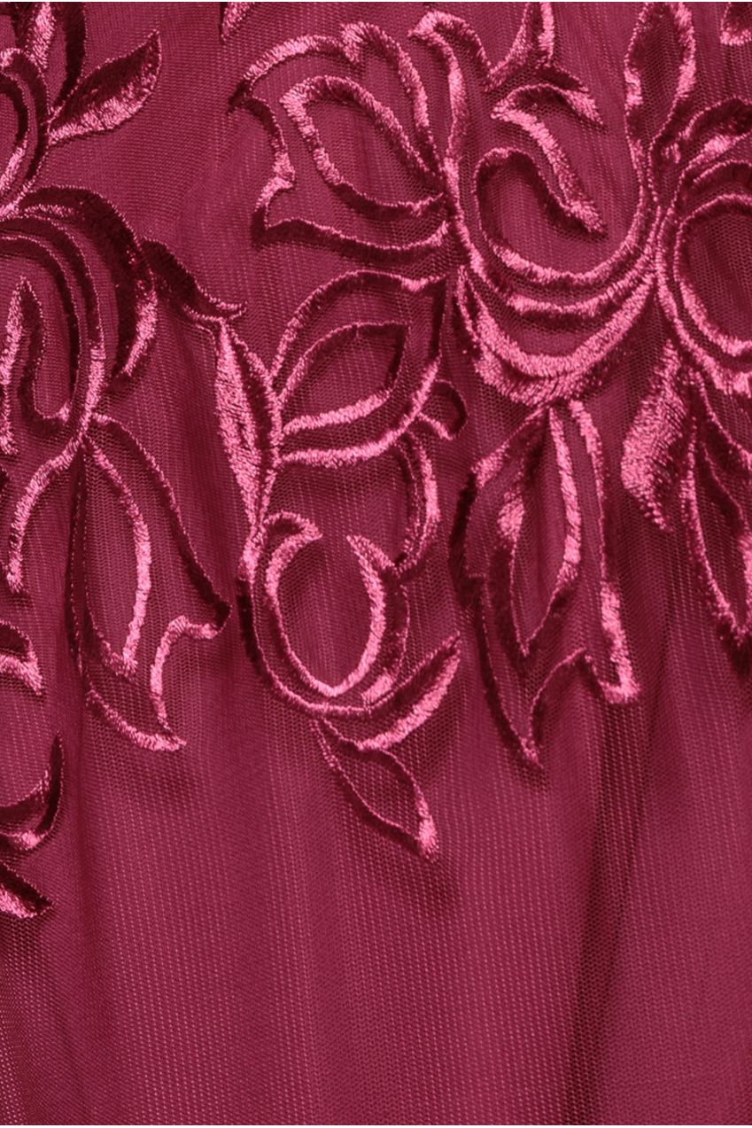 Lace Flutter Sleeve Embroidered Mesh A Line Maxi Dress - Burgundy DR3942
