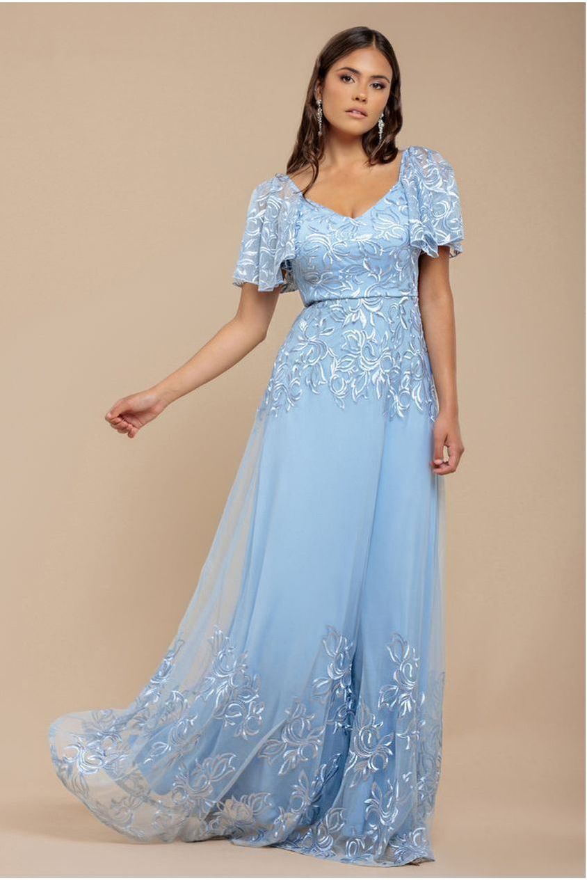 Lace Flutter Sleeve Embroidered Mesh A Line Maxi Dress - Blue DR3942