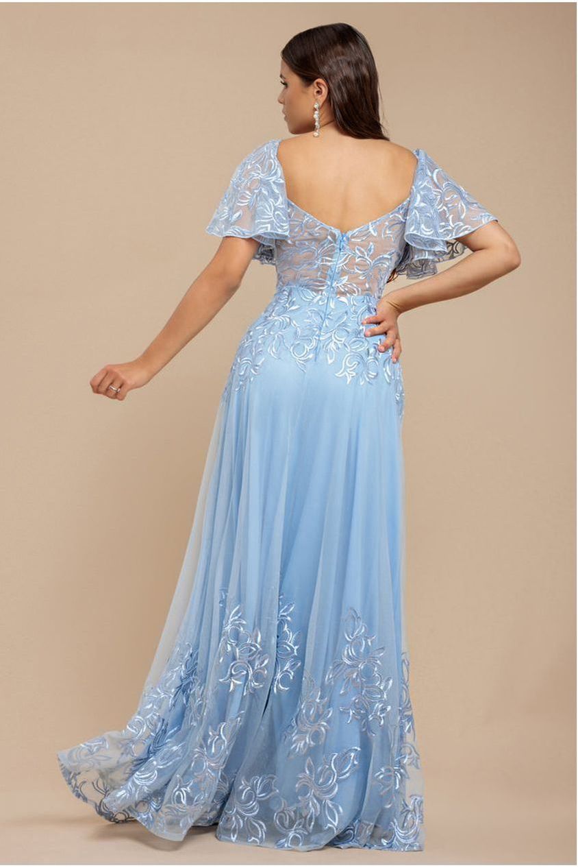 Lace Flutter Sleeve Embroidered Mesh A Line Maxi Dress - Blue DR3942