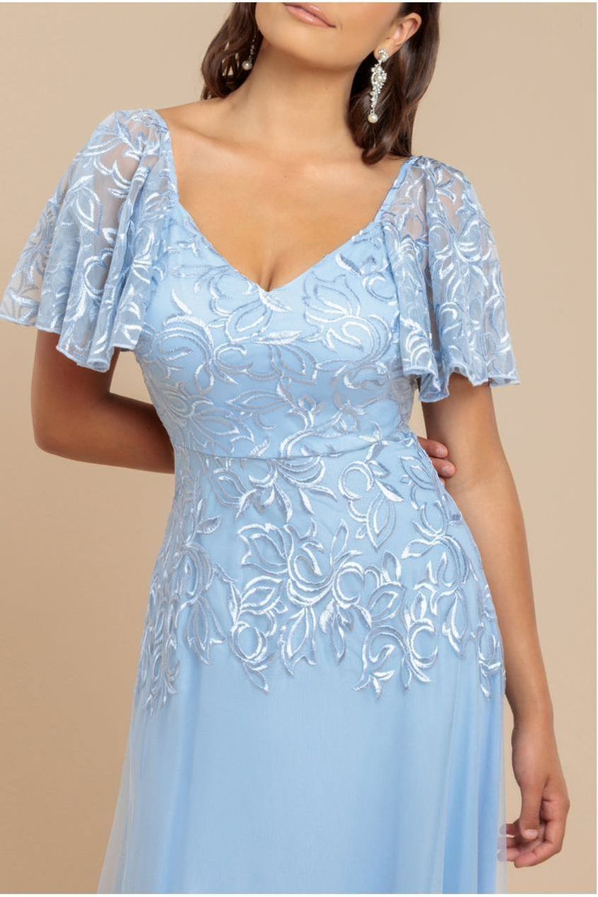 Lace Flutter Sleeve Embroidered Mesh A Line Maxi Dress - Blue DR3942