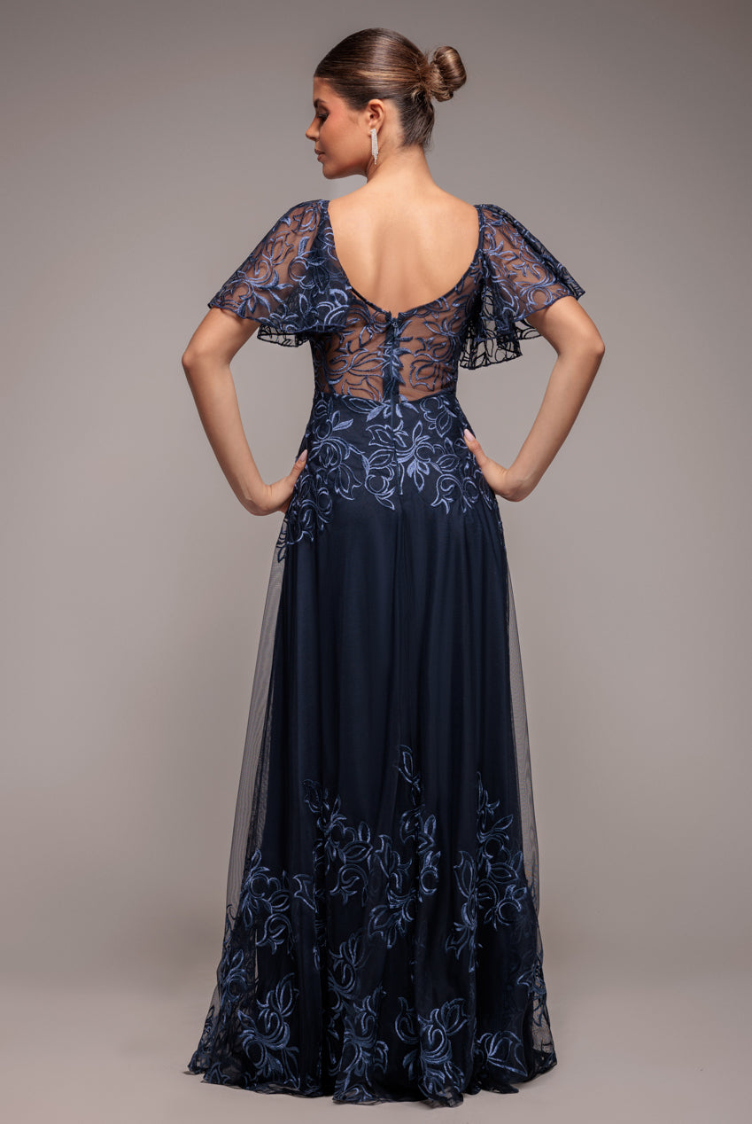 Lace Flutter Sleeve Embroidered Mesh A Line Maxi Dress - Navy Blue DR3942