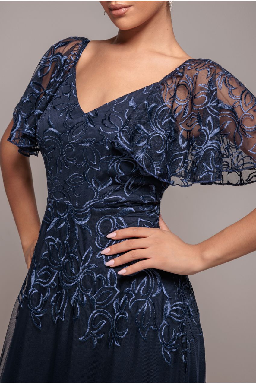 Lace Flutter Sleeve Embroidered Mesh A Line Maxi Dress - Navy Blue DR3942
