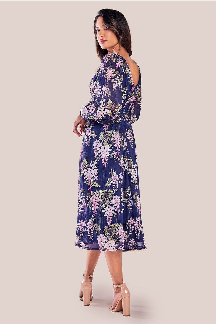 Printed Lurex Chiffon Long Sleeve Midi Dress - Navy DR3948QZ