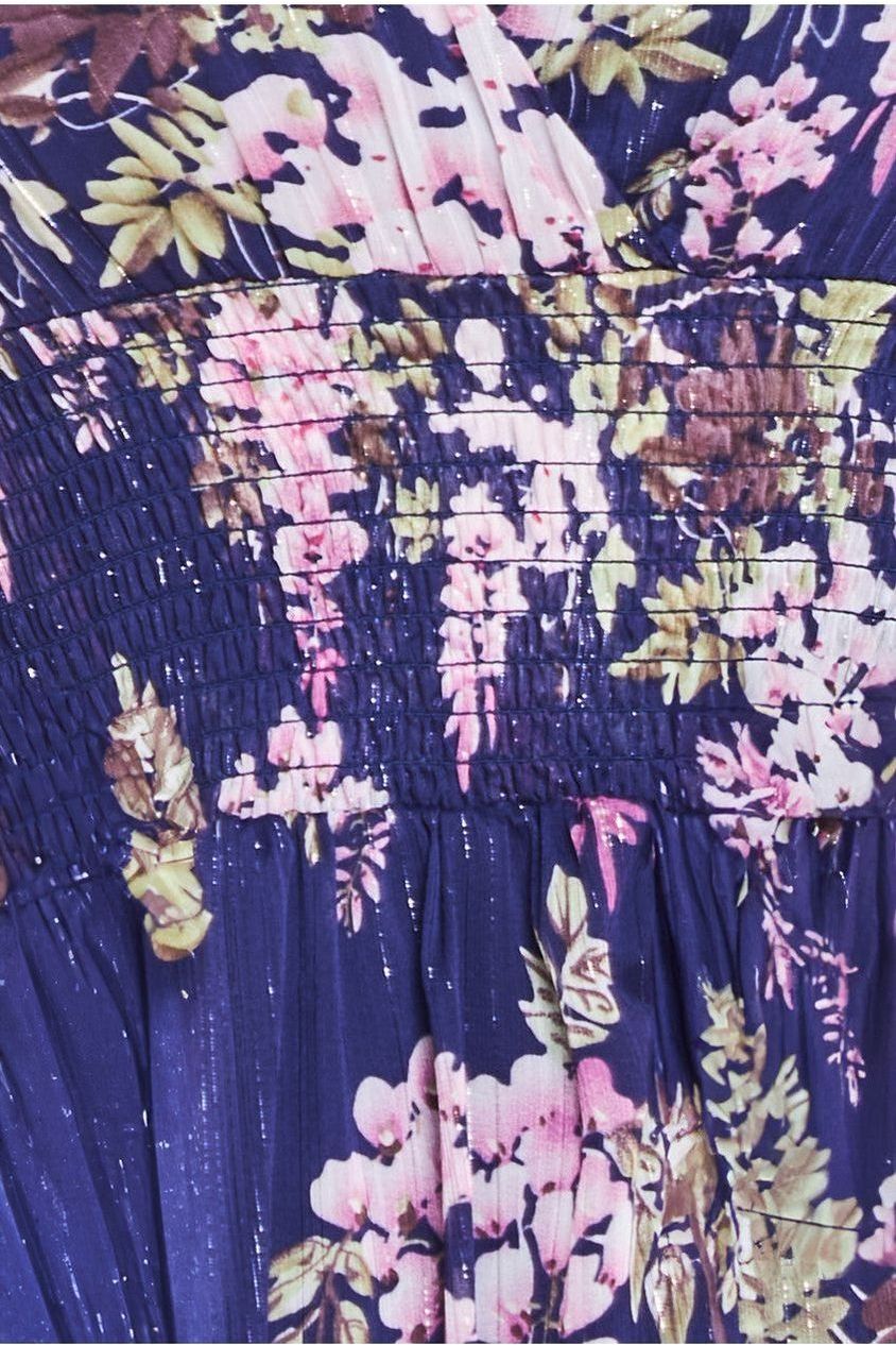 Printed Lurex Chiffon Long Sleeve Midi Dress - Navy DR3948QZ