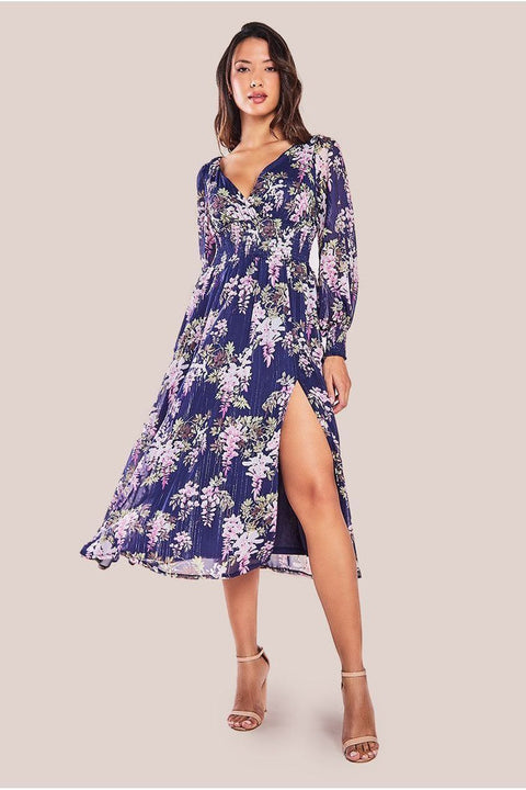 Printed Lurex Chiffon Long Sleeve Midi Dress - Navy by Goddiva