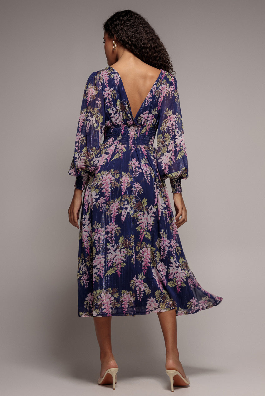 Printed Lurex Chiffon Long Sleeve Midi Dress - Navy DR3948QZ