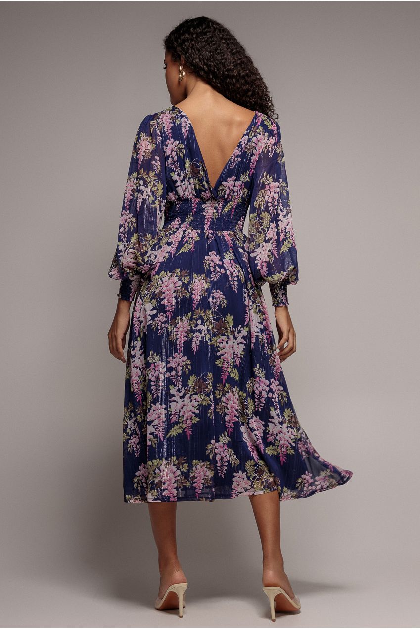Printed Lurex Chiffon Long Sleeve Midi Dress - Navy DR3948QZ