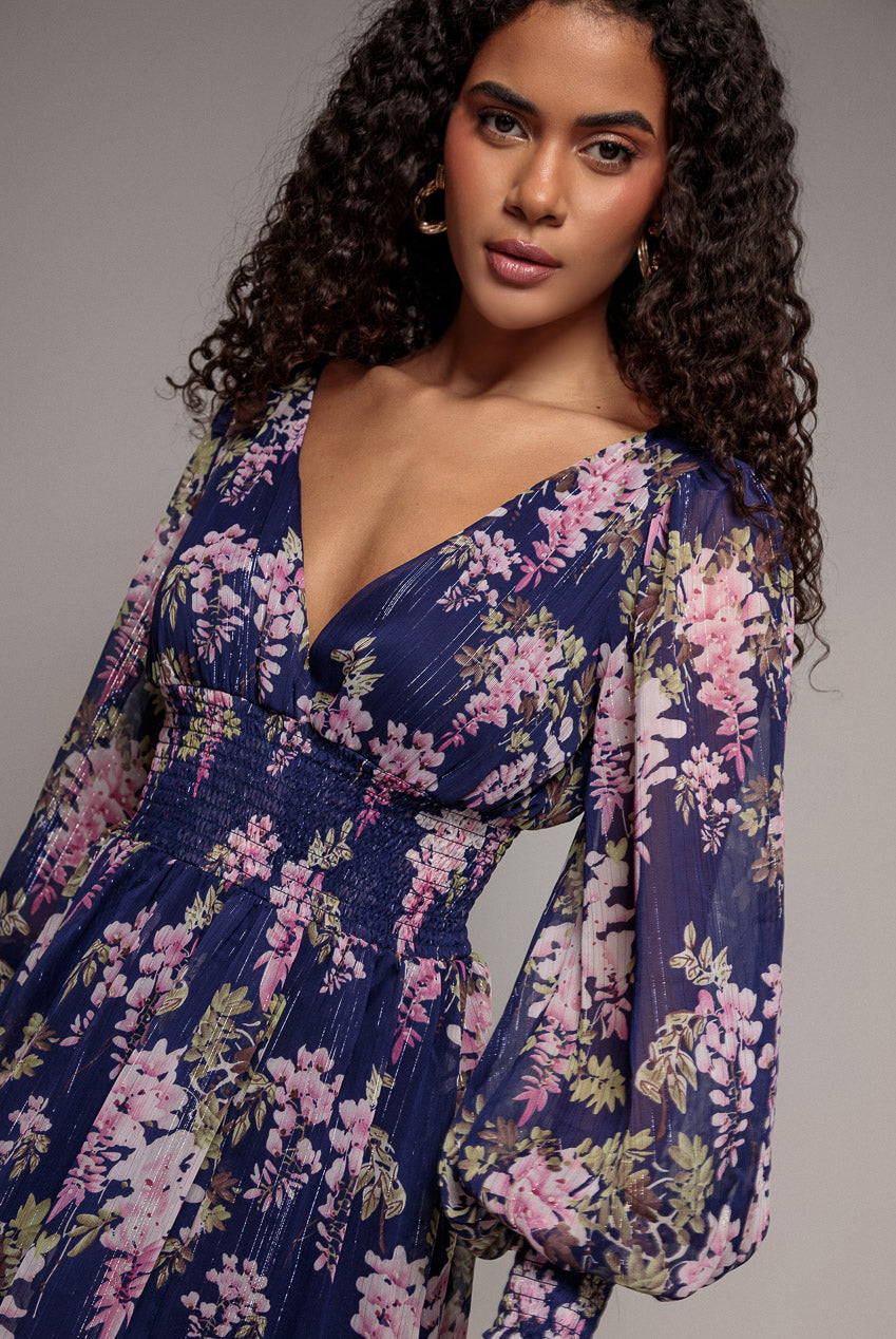 Printed Lurex Chiffon Long Sleeve Midi Dress - Navy DR3948QZ