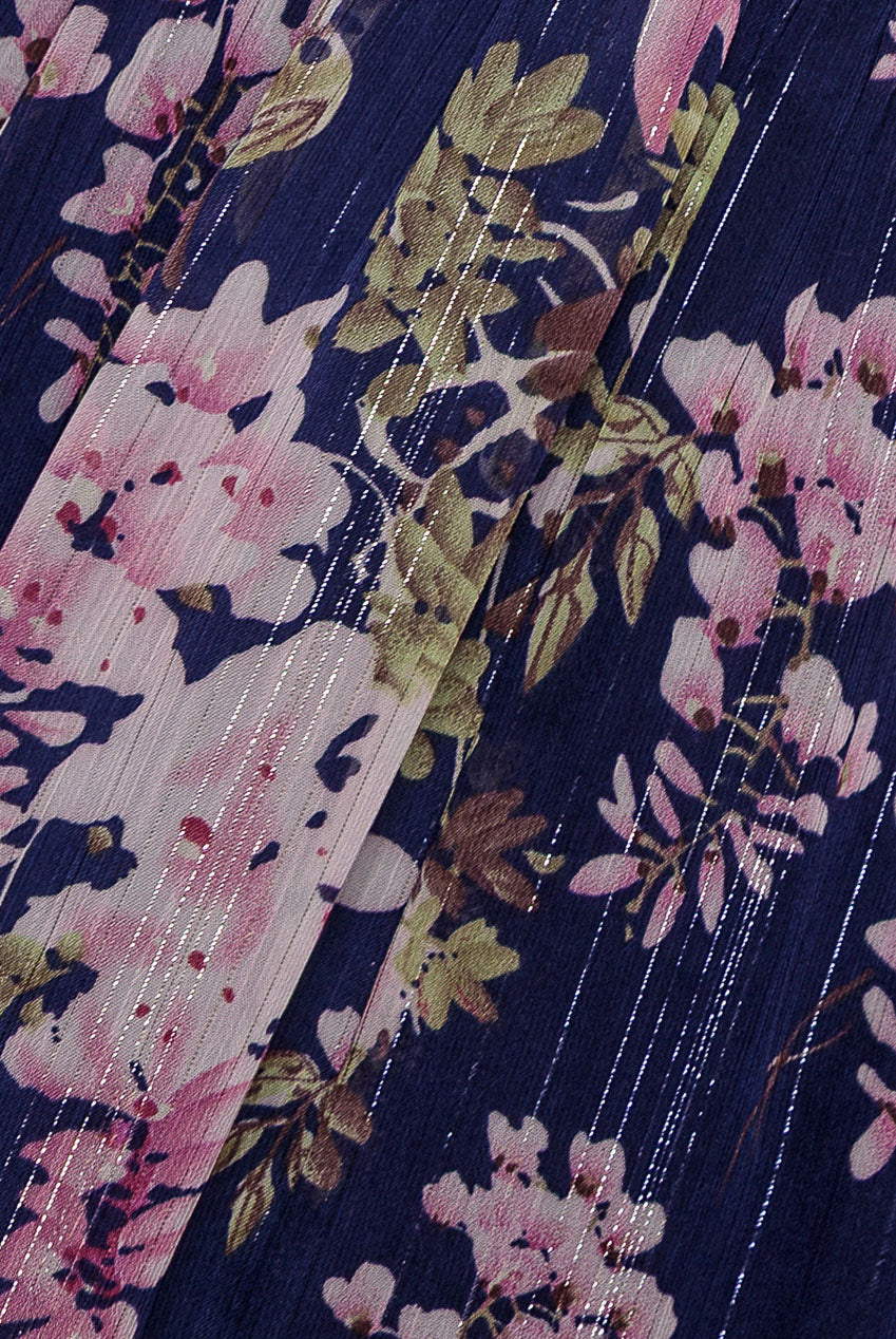 Printed Lurex Chiffon Long Sleeve Midi Dress - Navy DR3948QZ