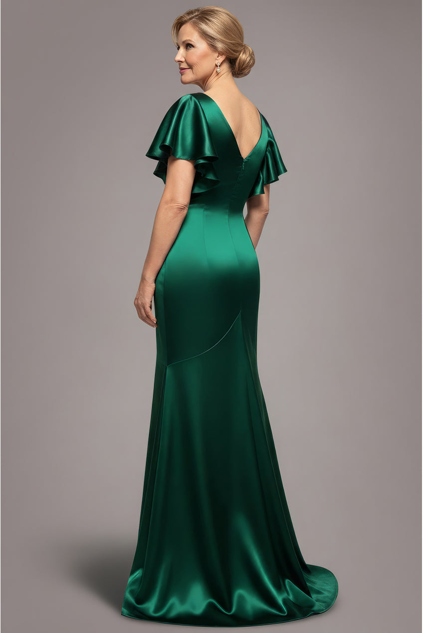 Satin Flutter Sleeve Mermaid Maxi - Emerald Green DR3954M