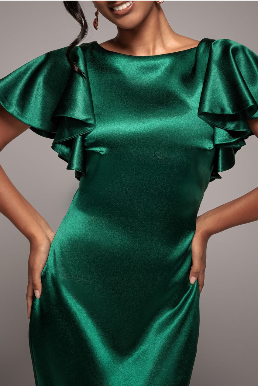Satin Flutter Sleeve Mermaid Maxi - Emerald Green DR3954
