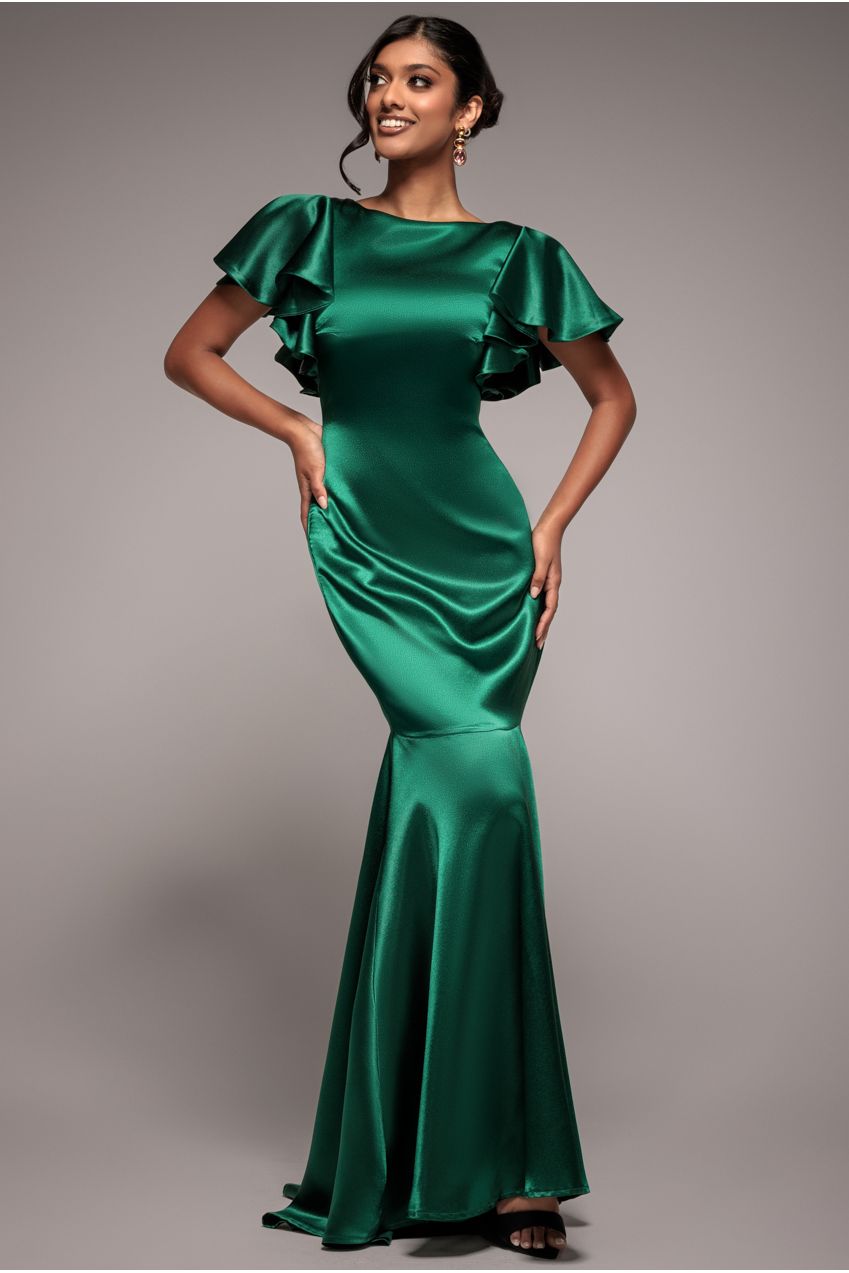 Satin Flutter Sleeve Mermaid Maxi - Emerald Green DR3954
