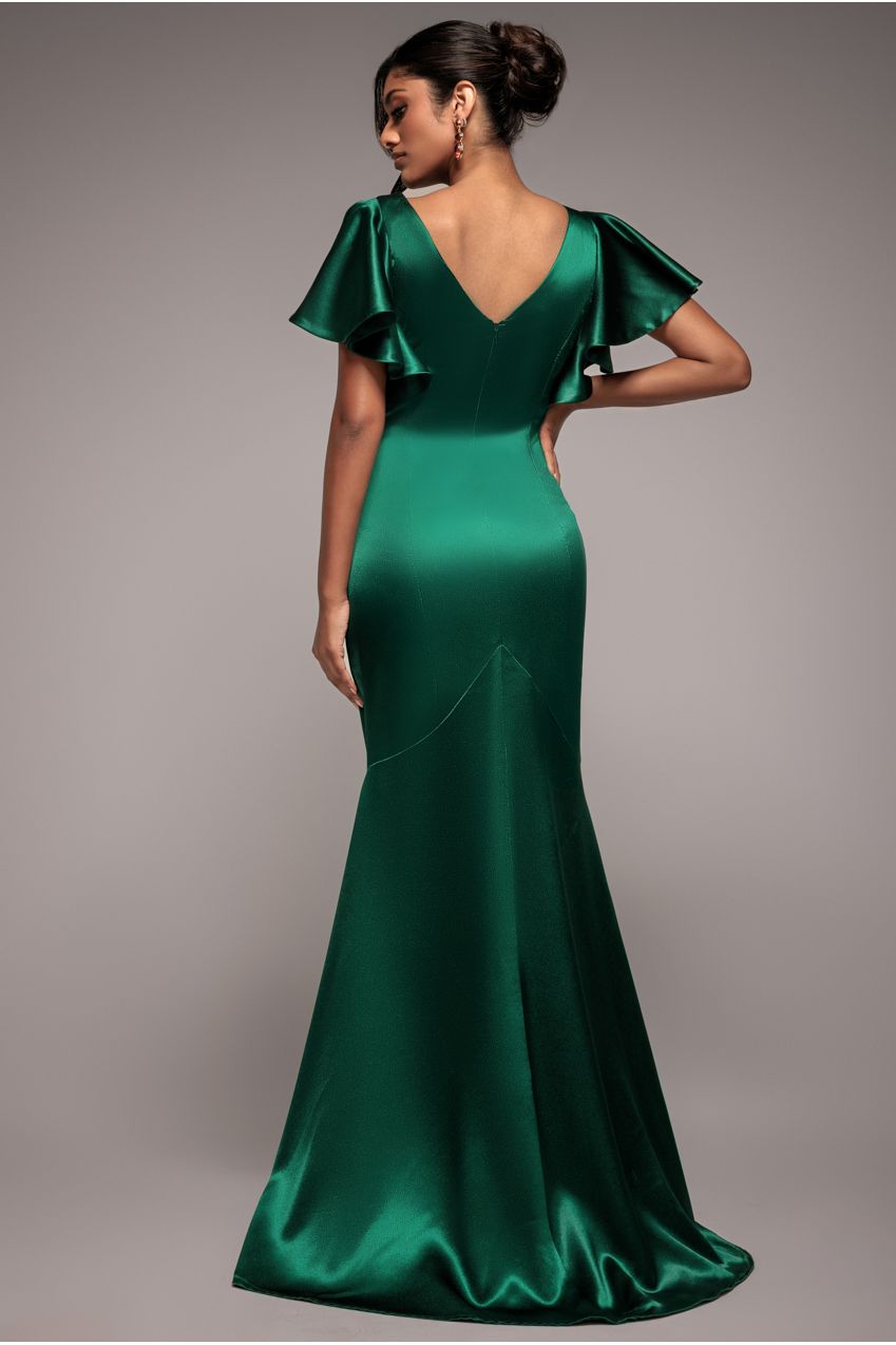 Satin Flutter Sleeve Mermaid Maxi - Emerald Green DR3954