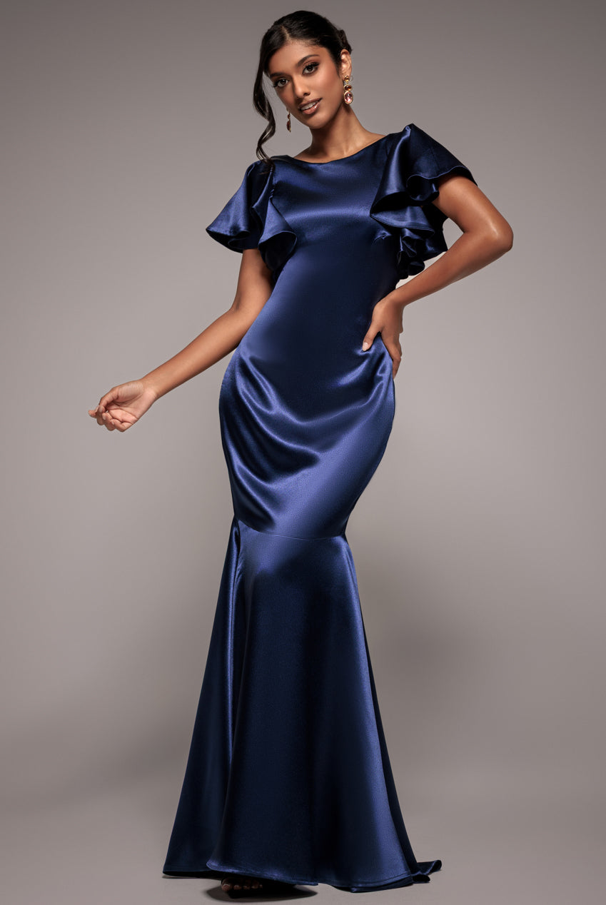 Satin Flutter Sleeve Mermaid Maxi - Navy DR3954
