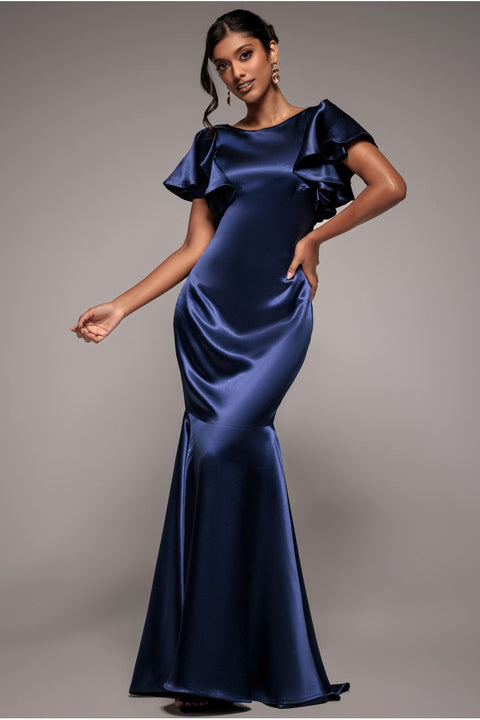 Satin Flutter Sleeve Mermaid Maxi - Navy by Goddiva