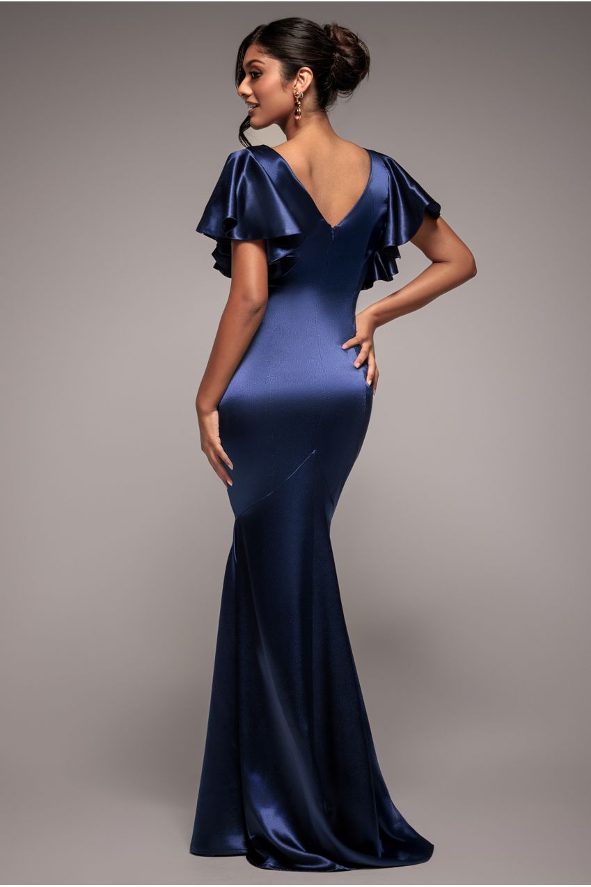 Satin Flutter Sleeve Mermaid Maxi - Navy DR3954