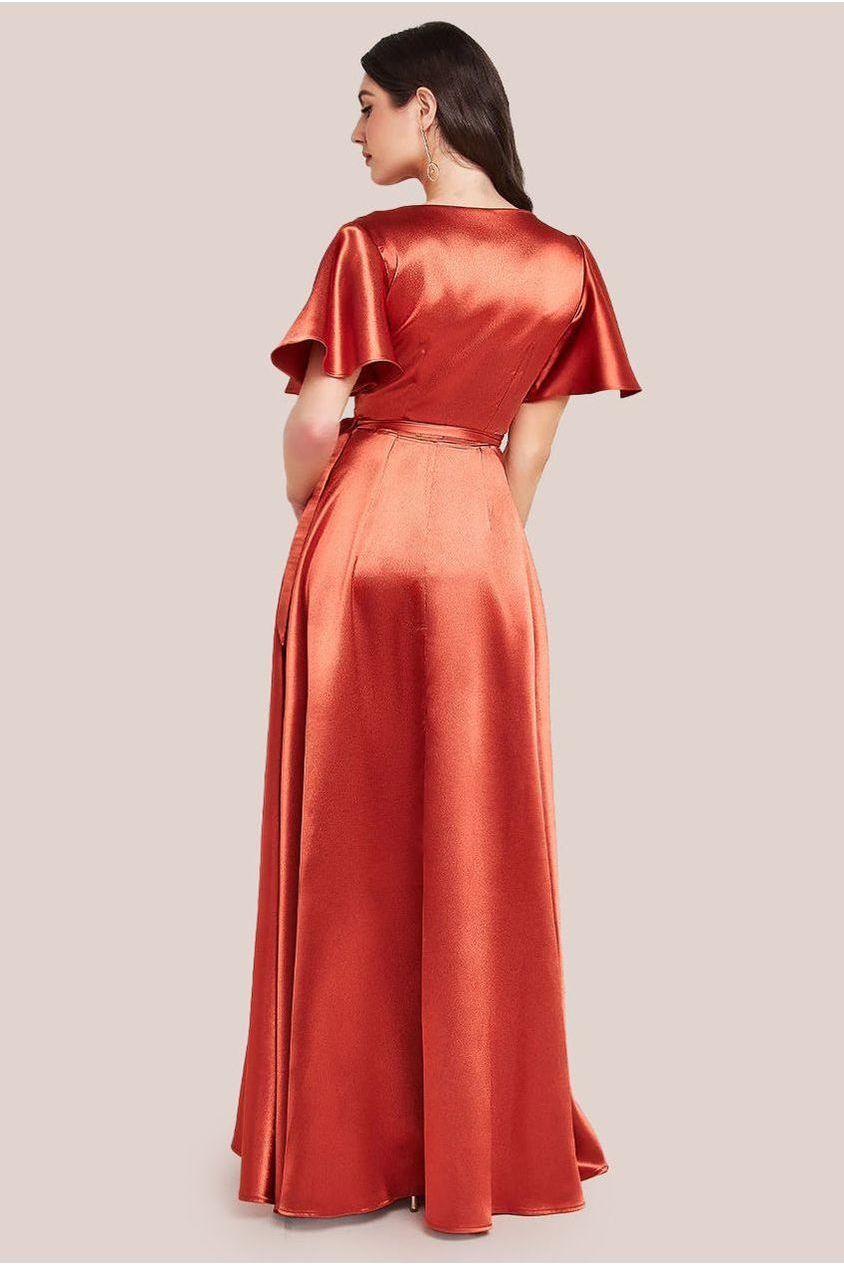 Flutter Sleeve Wrapover Satin Maxi Dress - Orange DR3955