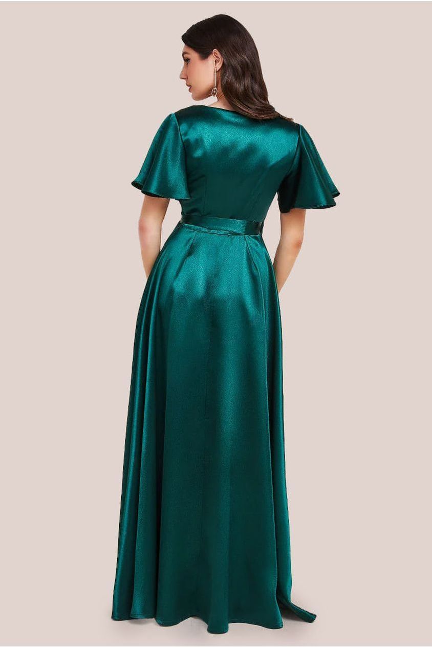 Flutter Sleeve Wrapover Satin Maxi Dress - Emerald Green DR3955