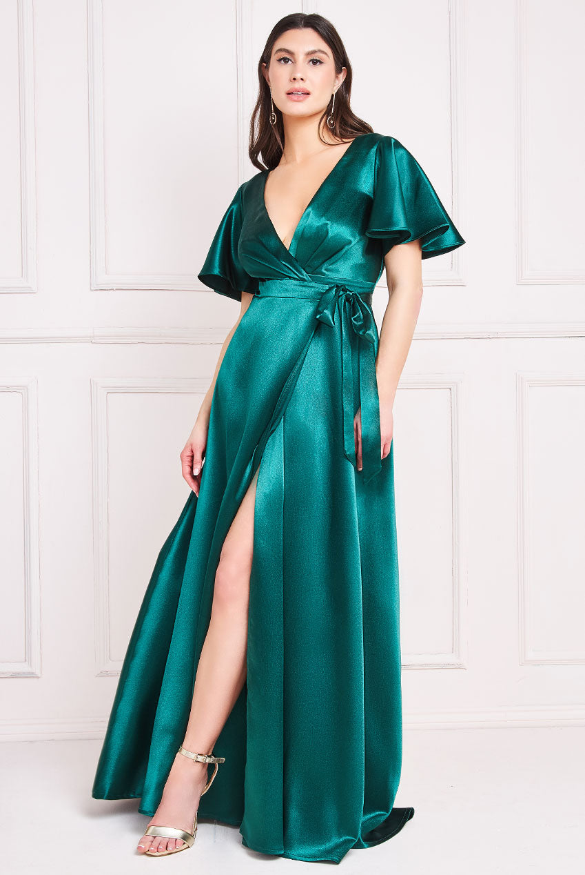 Flutter Sleeve Wrapover Satin Maxi Dress - Emerald Green DR3955