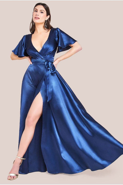 Flutter Sleeve Wrapover Satin Maxi Dress - Navy by Goddiva