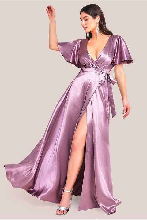 Flutter Sleeve Wrapover Satin Maxi Dress - Rose Pink by Goddiva