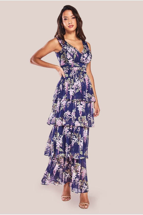 Multilayered Chiffon Maxi Dress - Navy Floral by Goddiva