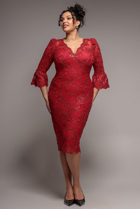 Scallop Lace Midi Dress- Red by Goddiva Plus