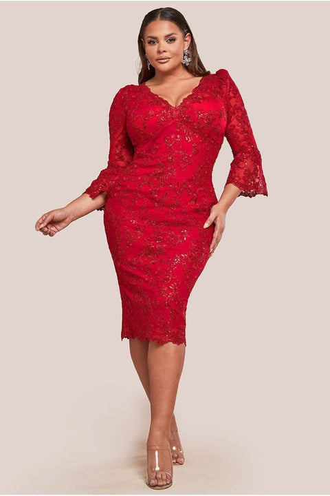 Scallop Lace Midi Dress- Red by Goddiva Plus