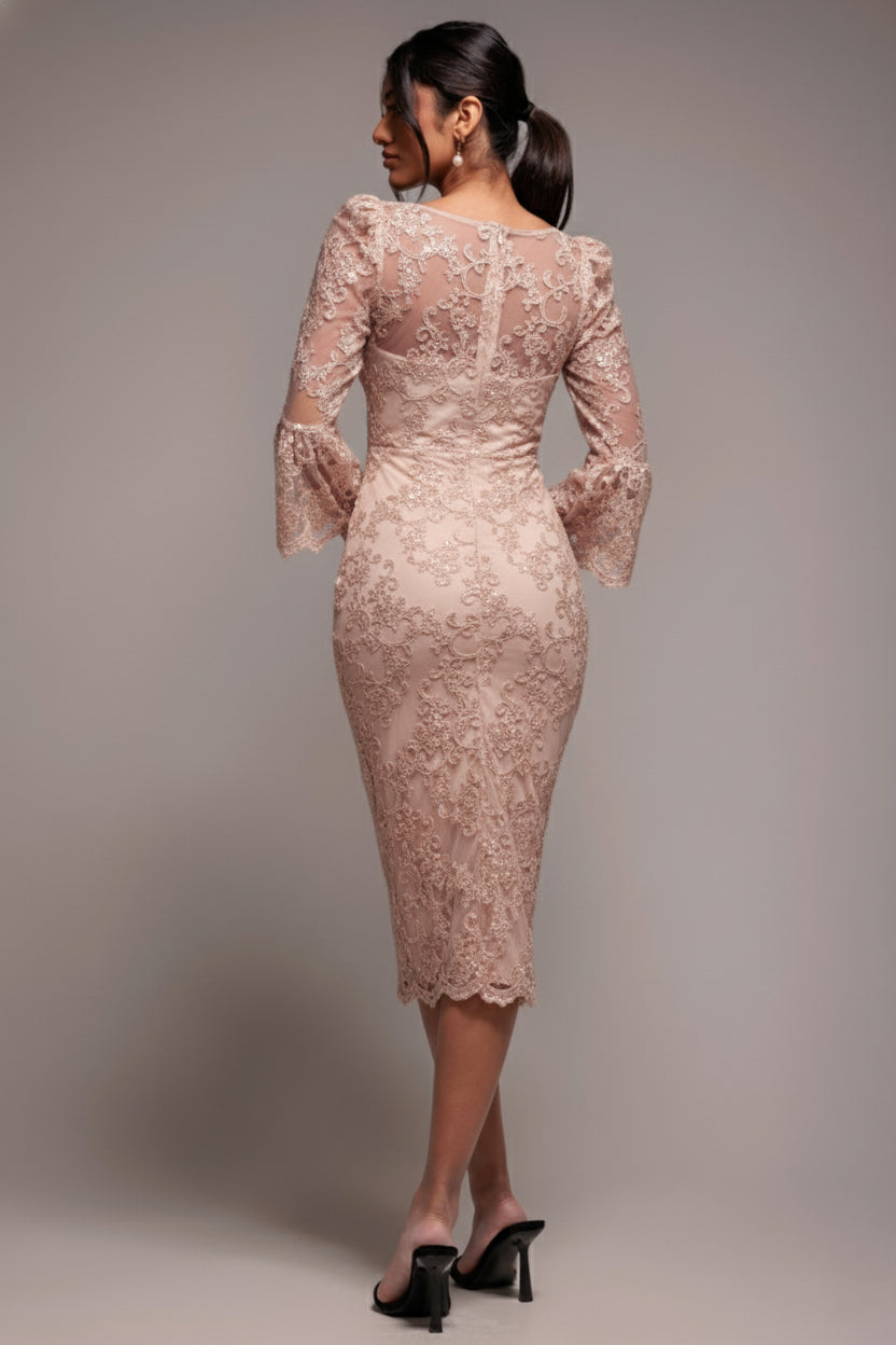 Sequin Scallop Lace Midi Dress - Champagne DR3960