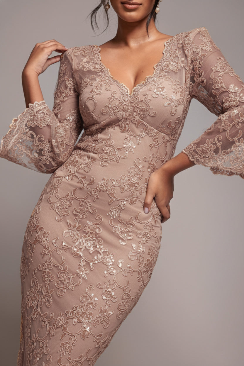 Sequin Scallop Lace Midi Dress - Champagne DR3960