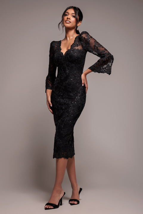 Sequin Scallop Lace Midi Dress - Black by Goddiva